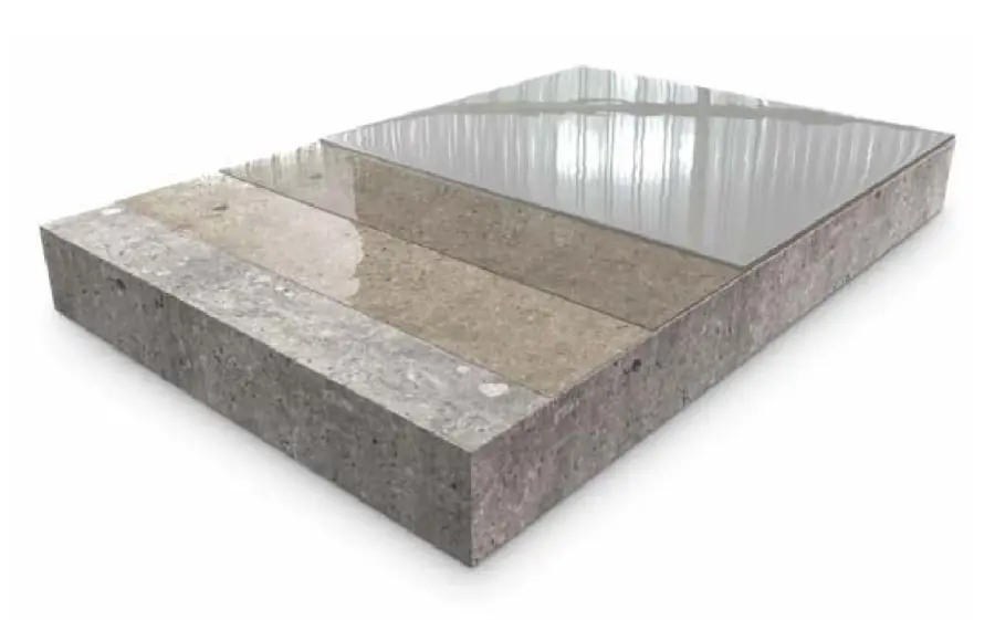 Schematischer Aufbau EBALAN W01: Beton, Grundierung, glänzende Verlaufsbeschichtung