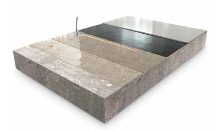 Schematischer Aufbau EBALAN W02-AS: Beton, Grundierung, ableitfähige Schicht mit Erdungsanschluss, leicht matte Verlaufsbeschichtung