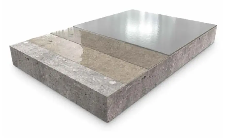 Schematischer Aufbau EBALAN W02: Beton, Grundierung, leicht matte Verlaufsbeschichtung