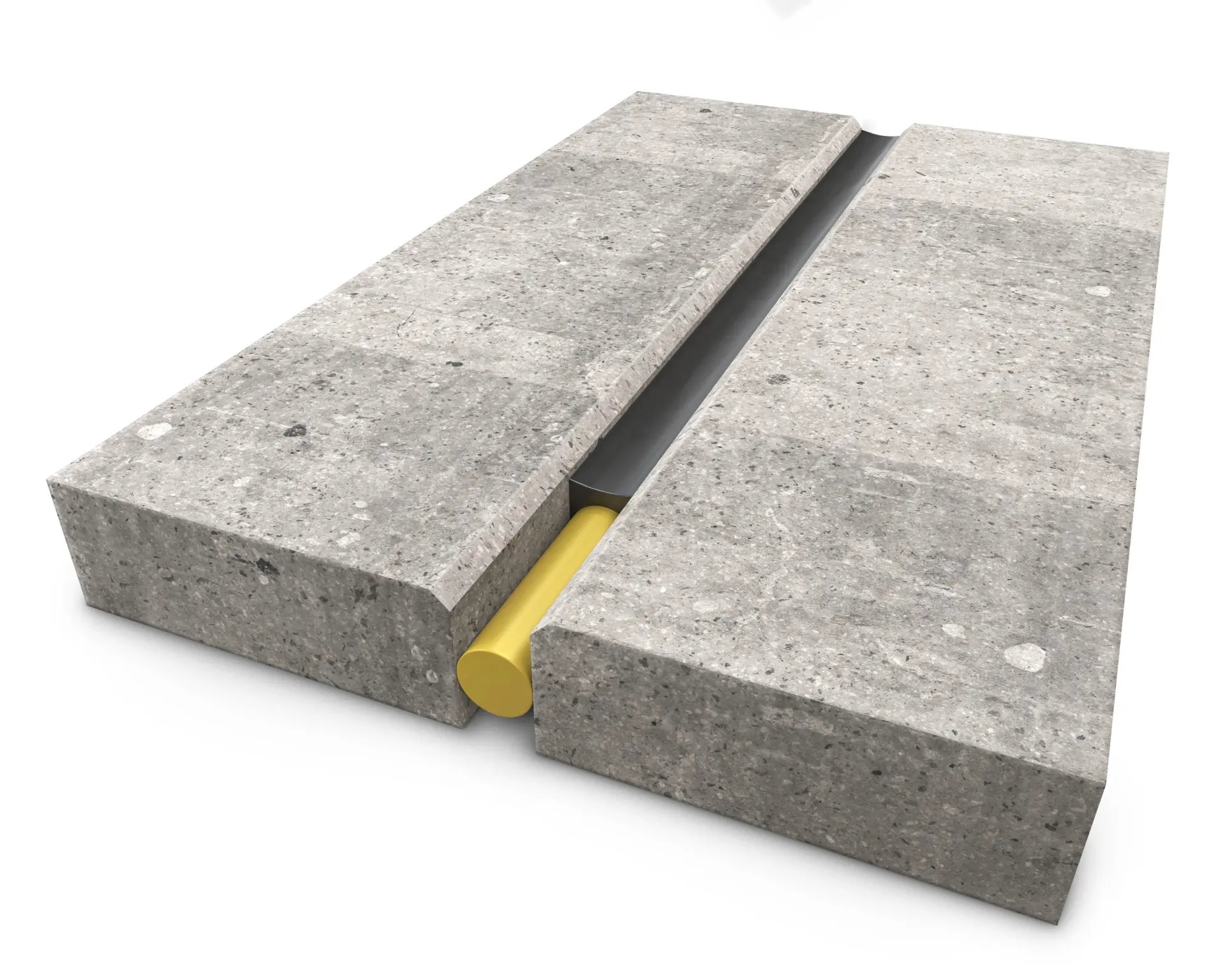 Schematischer Querschnitt einer Bewegungsfuge zwischen zwei Betonplatten mit Hinterfüllschnur und elastischer Fugenabdichtung